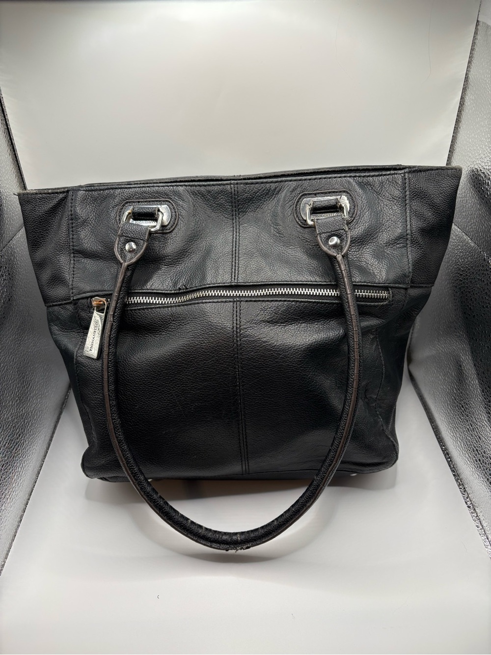 Tignanello Black Leather Shoulder Tote with Front Zip